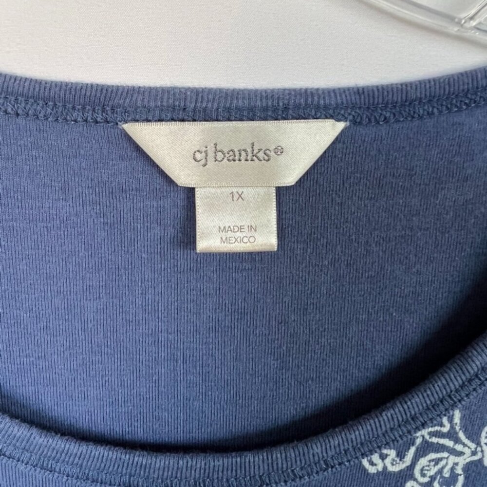 CJ Banks Womens Short Sleeve Embellished Floral Blue White Top 1X - Picture 3 of 7